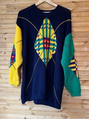 Izod Woman Navy Crewneck Sweater Argyle Colorblock Turquoise Yellow 2X 90s
